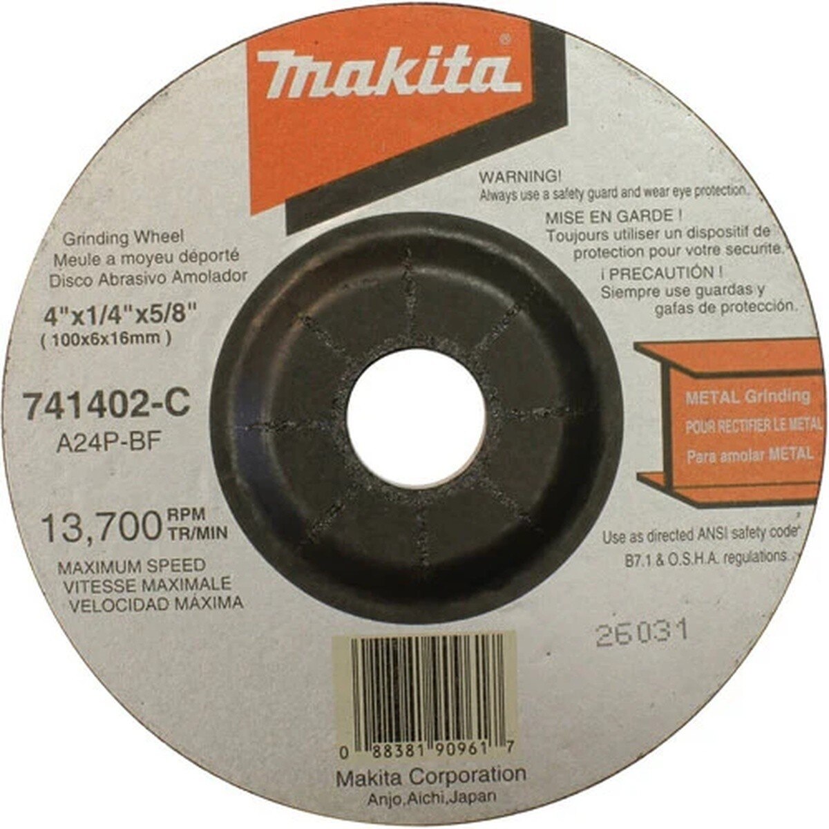 Makita 741402-C-25 4 x 5/8 x 1/4 24-Grit Type 27 Grinding Wheels for Ferrous Metal (25 Pack)