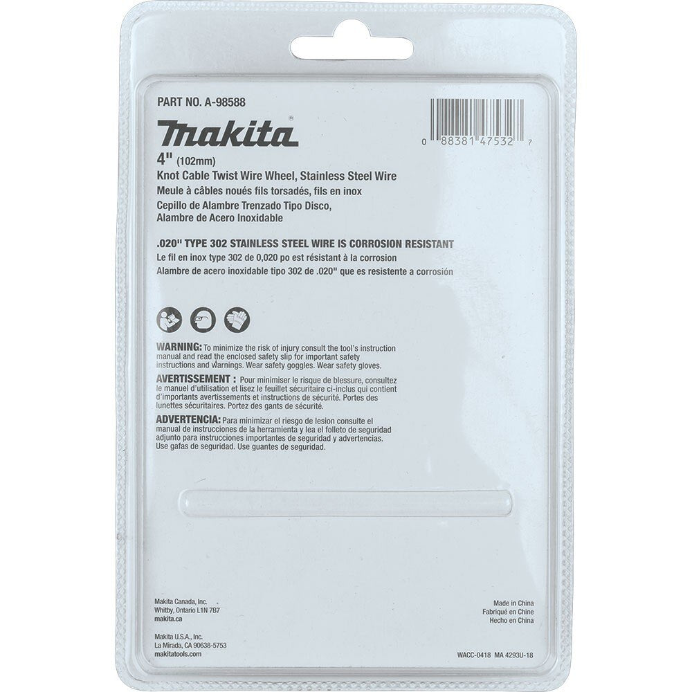 Makita A-98588 4" Knot Cable Twist Wire Wheel, Stainless, 5/8"-11 - 4