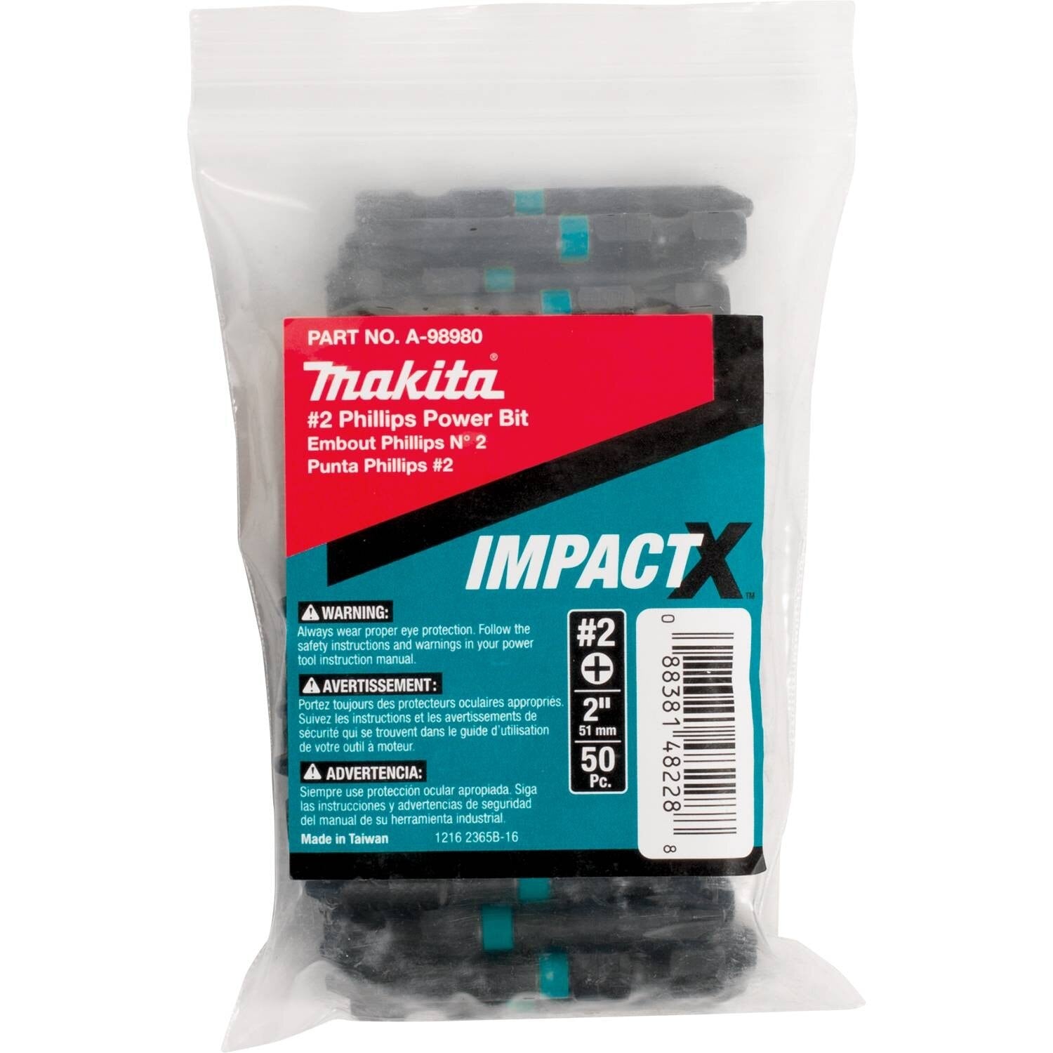 Makita A-98980 ImpactX #2 Phillips 2" Power Bit, 50/pk, Bulk