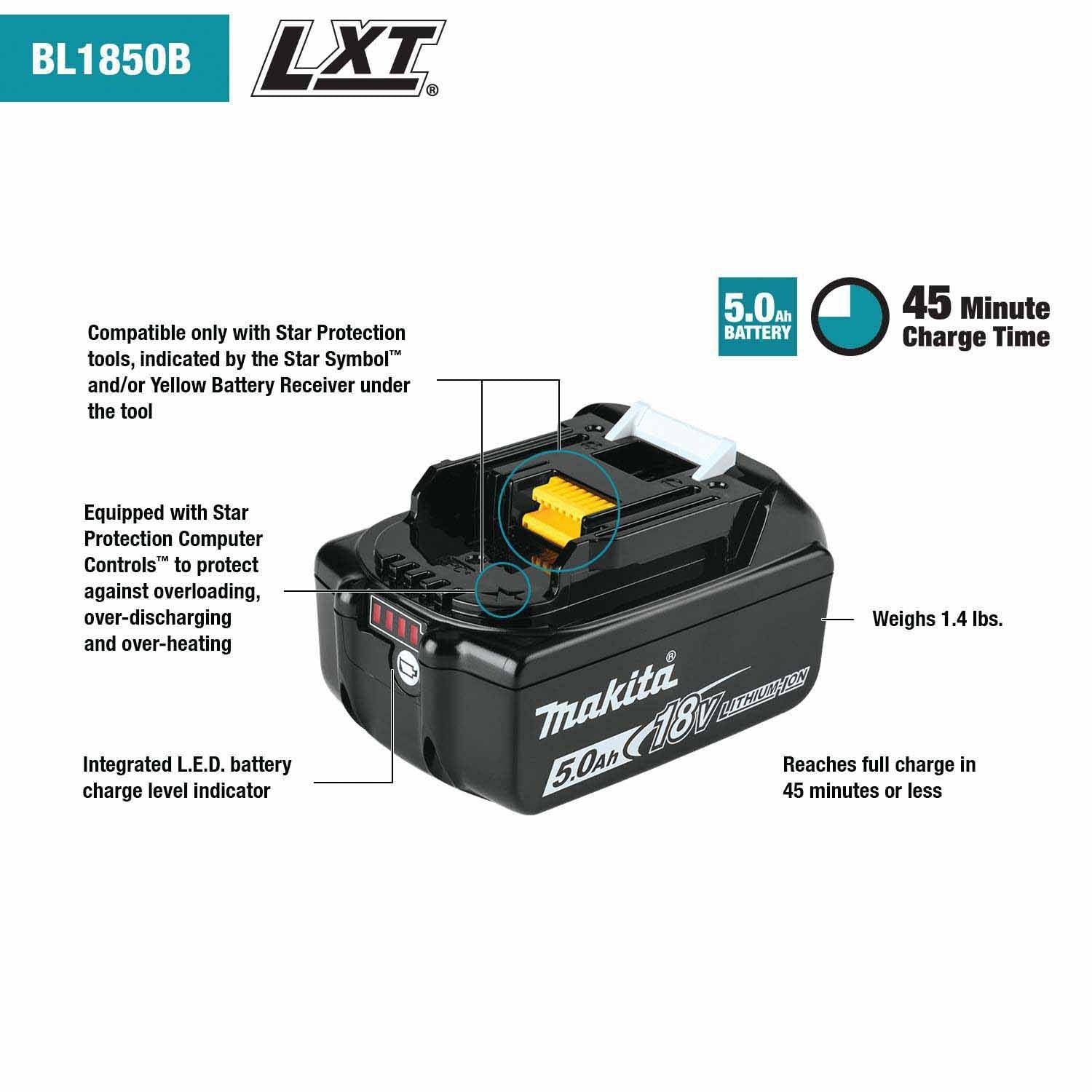 Makita BL1850BDC2X1 18V LXT Lithium-Ion Battery and Rapid Optimum Charger Starter Pack, 2ea. BL1850B, DC18RC, (5.0Ah) - 2