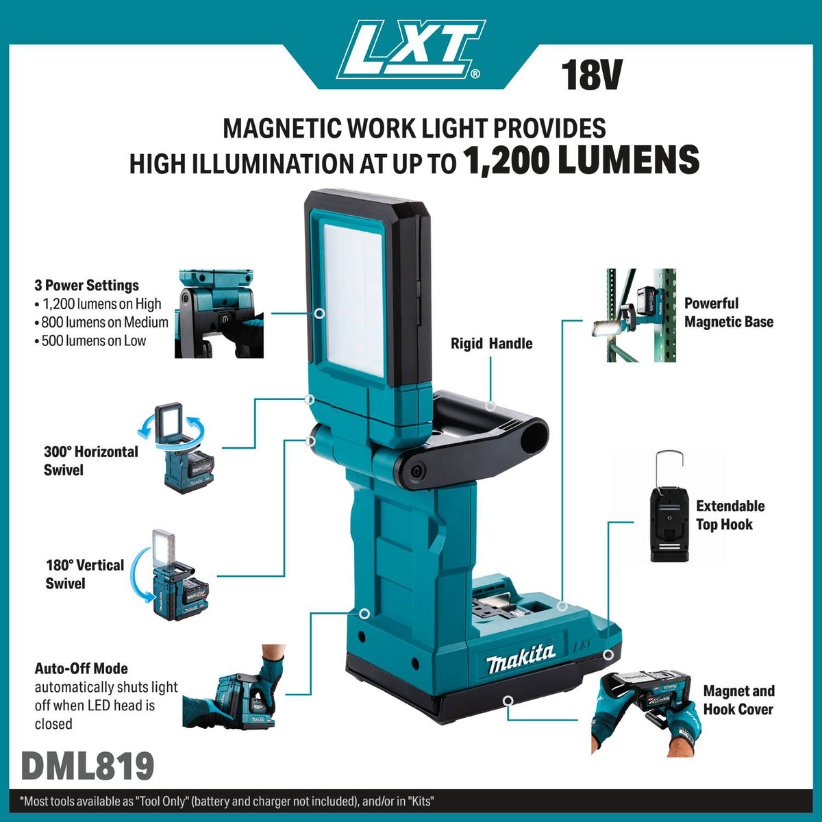 Makita DML819 18V LXT Lithium-Ion LED Magnetic Work Light with Magnetic Base and Swivel Head Light Only - 2