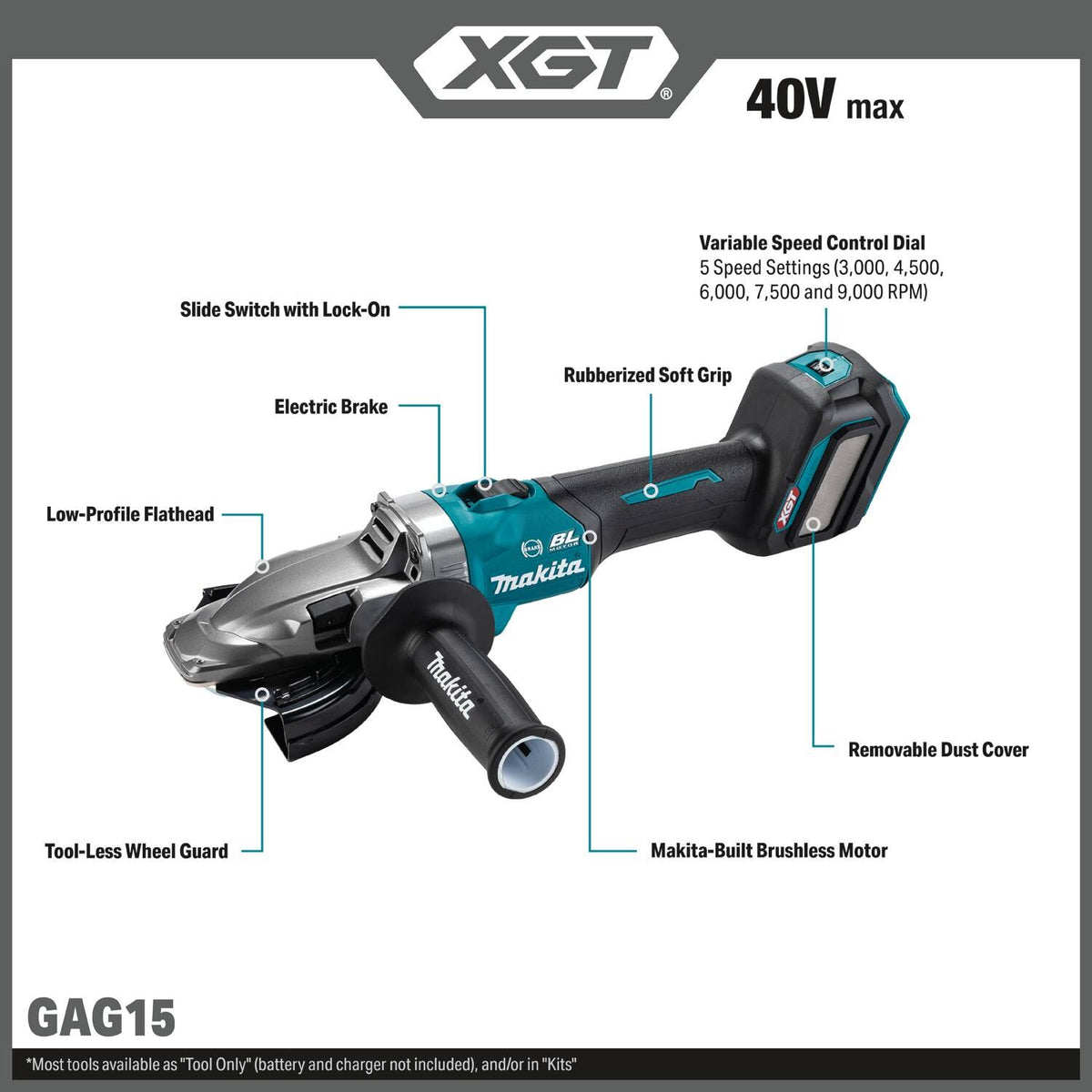 Makita GAG15Z 40V max XGT Brushless Cordless 5" Slide Switch Flathead Grinder Variable Speed with Electric Brake (Tool Only) - 2