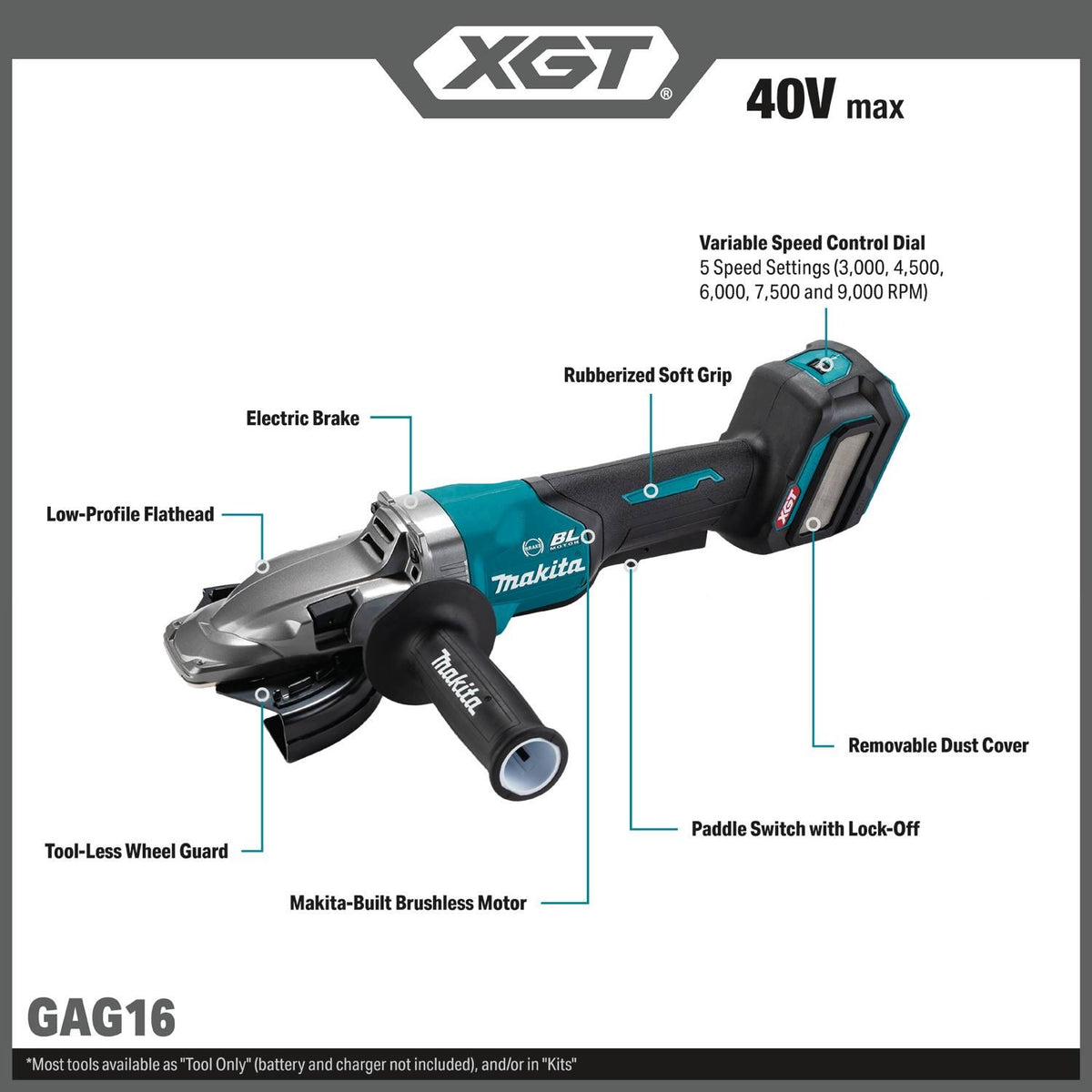 Makita GAG16Z 40V Max XGT Brushless Cordless 5" Paddle Switch Flathead Grinder with Electric Brake (Tool Only) - 2