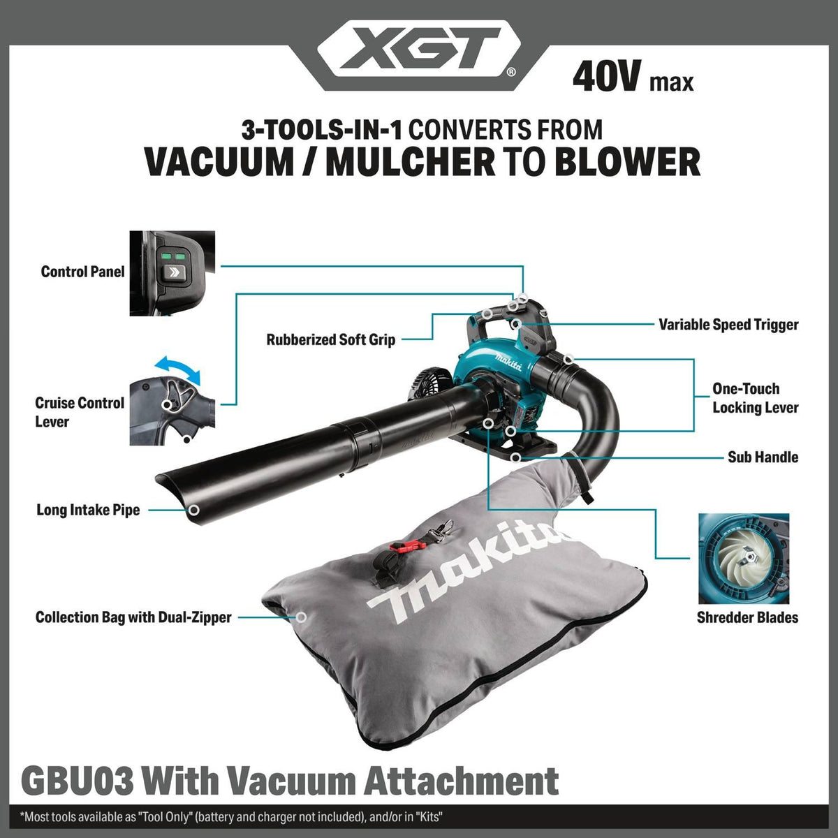 Makita GBU03ZV 40V max XGT Brushless Blower with Vacuum Attachment Tool Only - 2