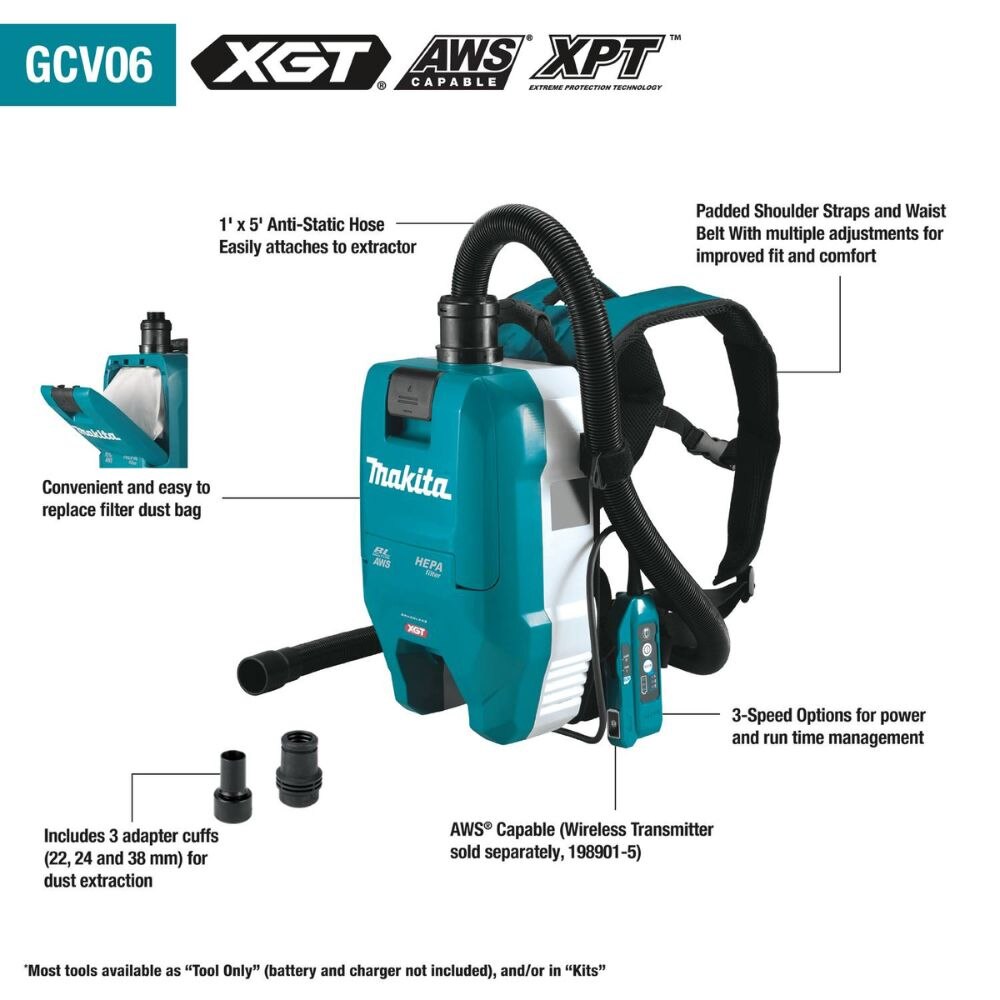 Makita GCV06Z 40V max XGT Brushless Cordless 1/2 Gallon HEPA Filter Backpack Dry Dust Extractor, AWS Capable, Tool Only - 2