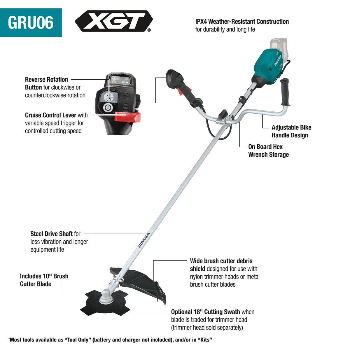 Makita GRU06T 40V max XGT Brushless Cordless Brush Cutter Kit with 10 in. 4-Tooth Blade (2 Batteries, Charger, Harness) - 2
