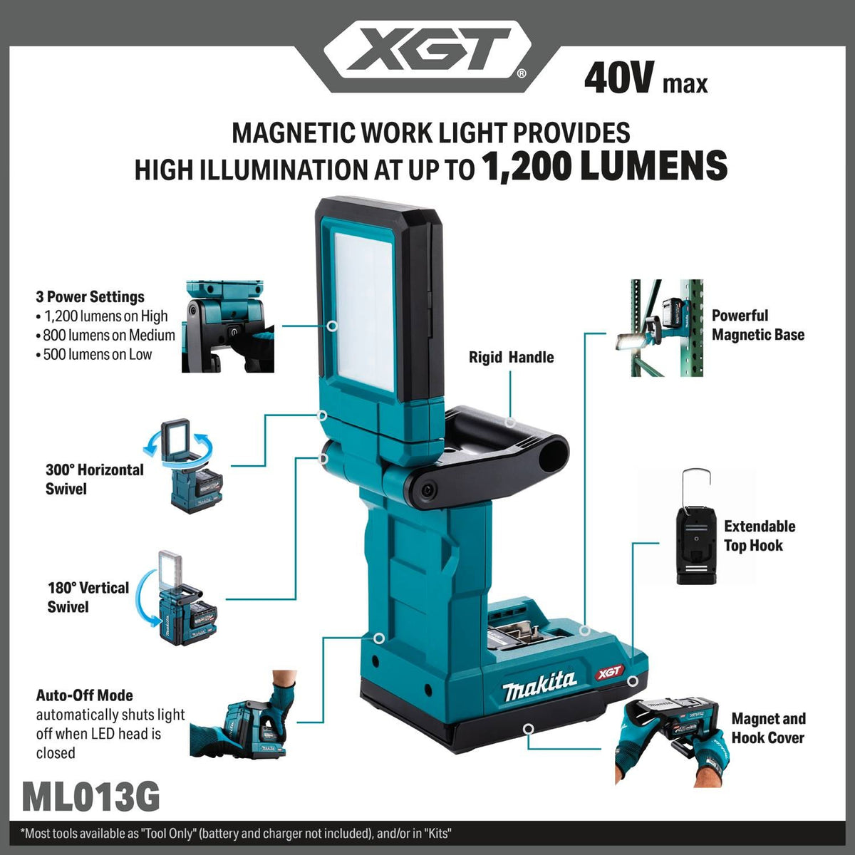 Makita ML013G 40V max XGT Lithium-Ion LED Magnetic Work Light 7 x 8.55 x 4.25" Light Only - 2