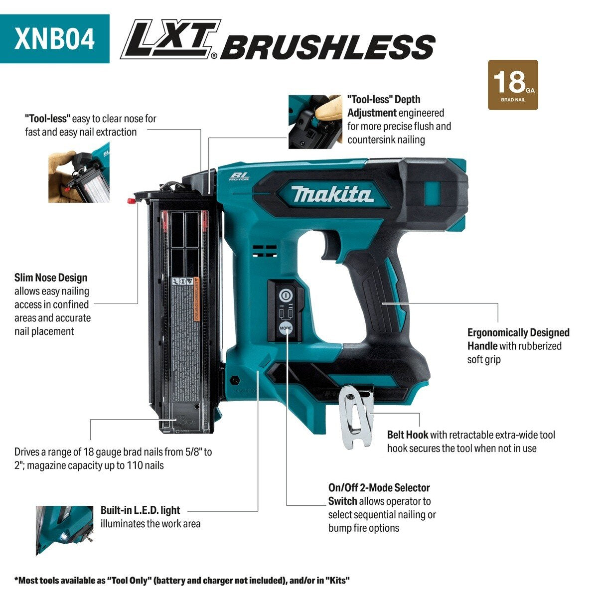 Makita XNB04Z 18V LXT Brushless Cordless 18 Gauge Brad Nailer, Tool Only - 2