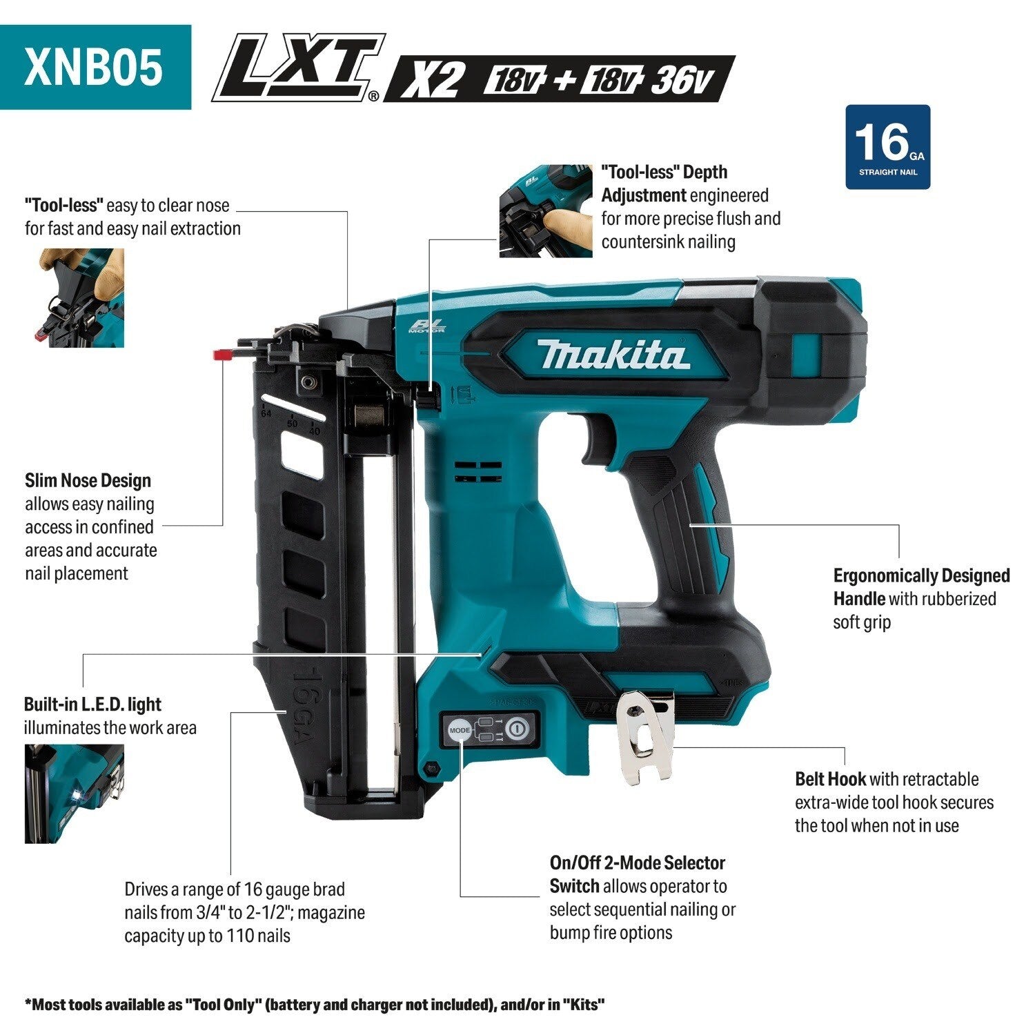 Makita XNB05Z 18V LXT Brushless Cordless 2-1/2" 16 Gauge Straight Finish Nailer, Tool Only - 2