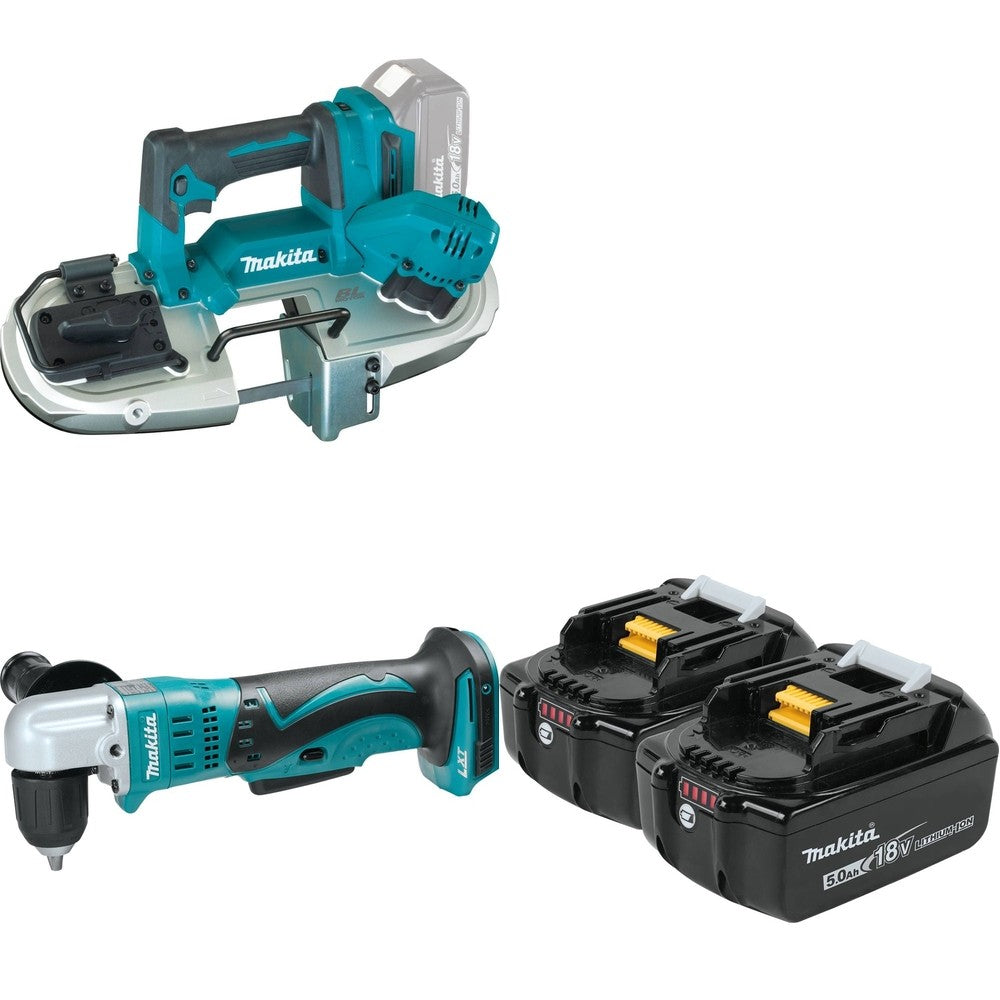 Makita XAD02Z 18V LXT Li-Ion 3/8" Angle Drill W/ XBP04Z Band Saw and BL1850B-2 5.0Ah Battery, 2