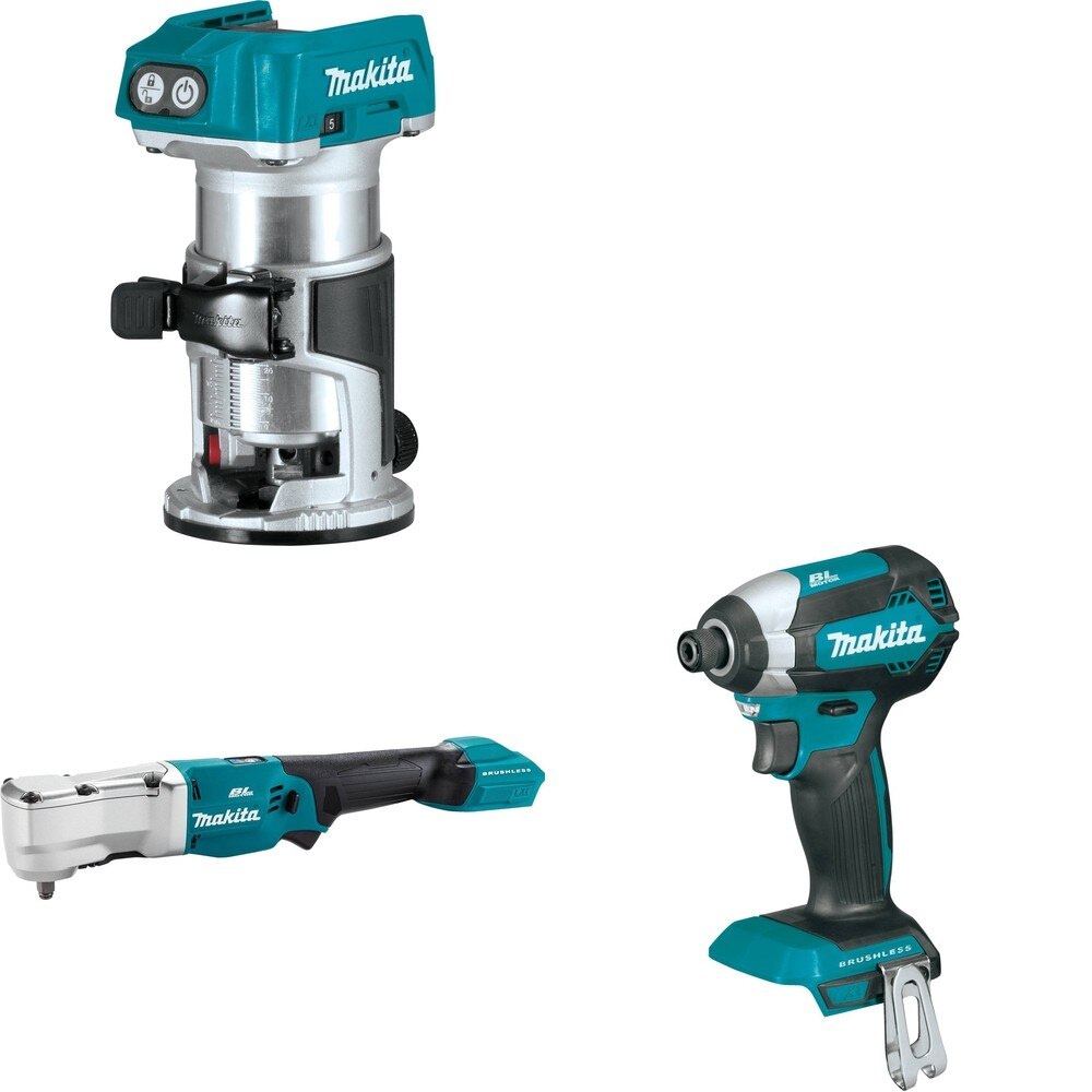 Makita XLT03Z Angle Impact Wrench W/ XTR01Z Compact Router and FREE XDT13Z Impact Driver