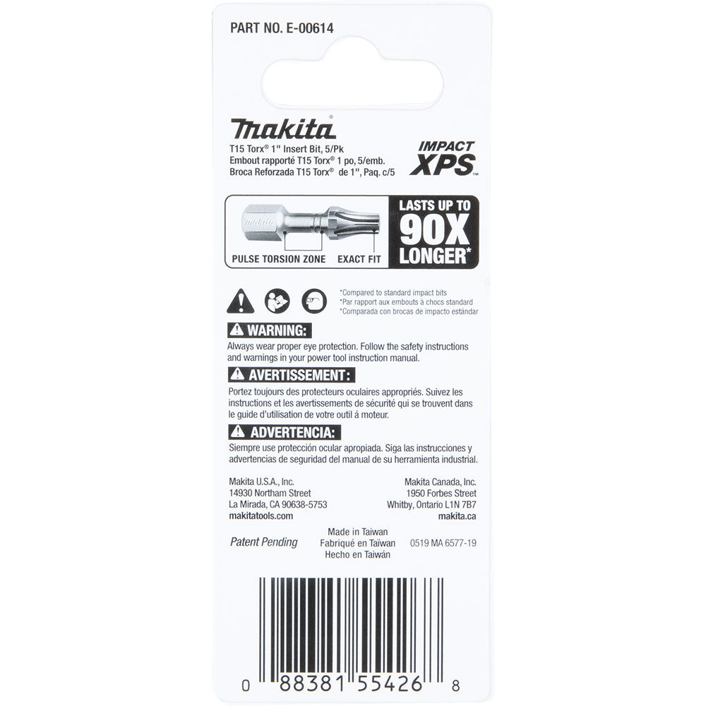 Makita E-00614 Impact XPS T15 Torx 1" Insert Bit, 5 Pack - 4