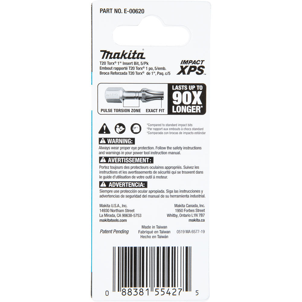 Makita E-00620 Impact XPS T20 Torx 1" Insert Bit, 5 Pack - 4