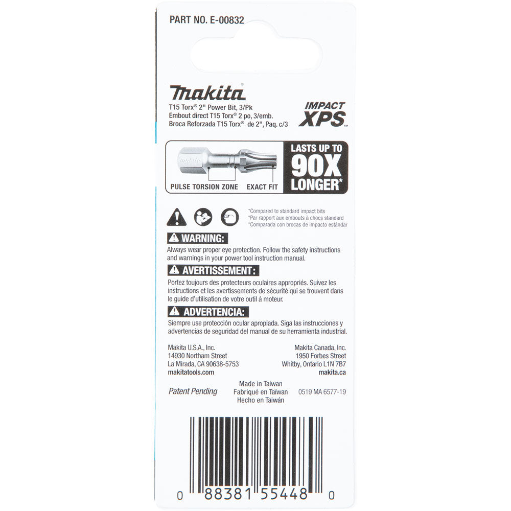 Makita E-00832 Impact XPS T15 Torx 2" Power Bit, 3 Pack - 4