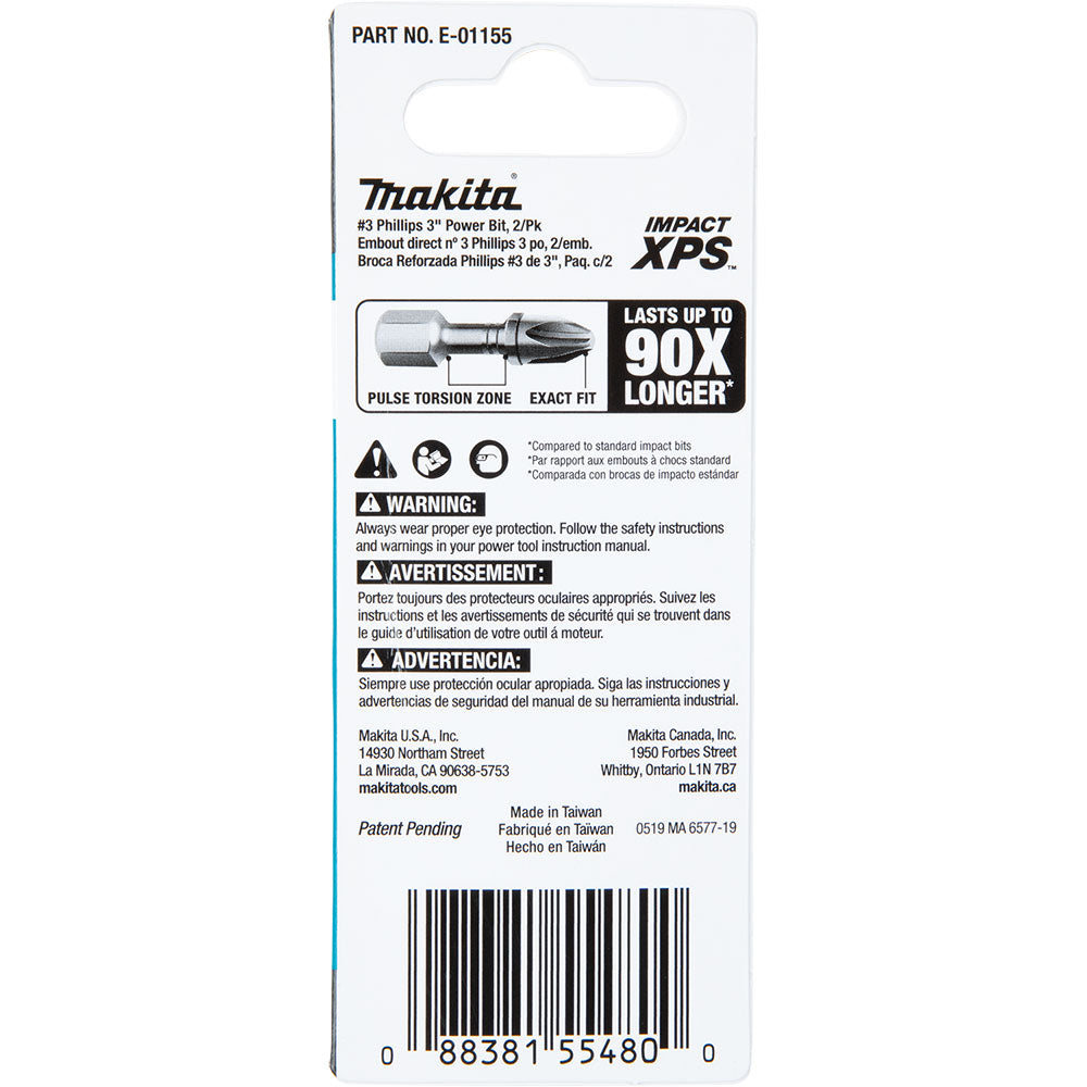 Makita E-01155 Impact XPS #3 Phillips 3" Power Bit, 2 Pack - 4