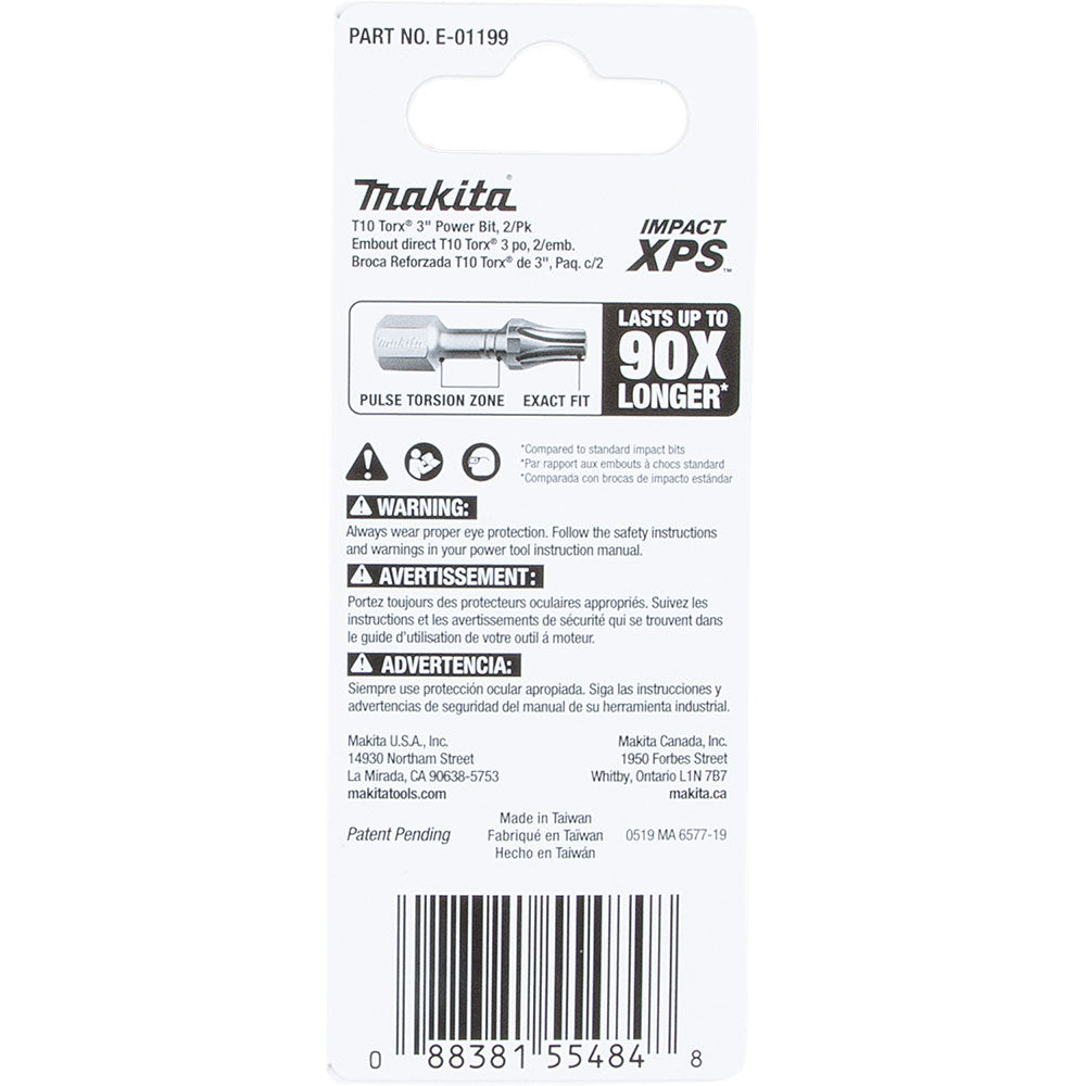 Makita E-01199 Impact XPS T10 Torx 3" Power Bit, 2 Pack - 4