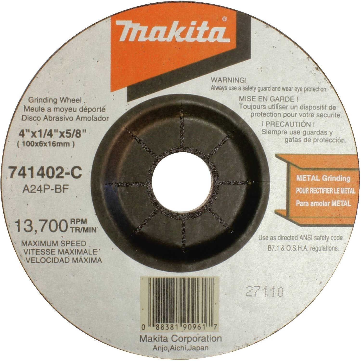 Makita 741402-9-1 4" x 5/8" x 1/4" Grinding Wheel, 24 Grit, General Purpose