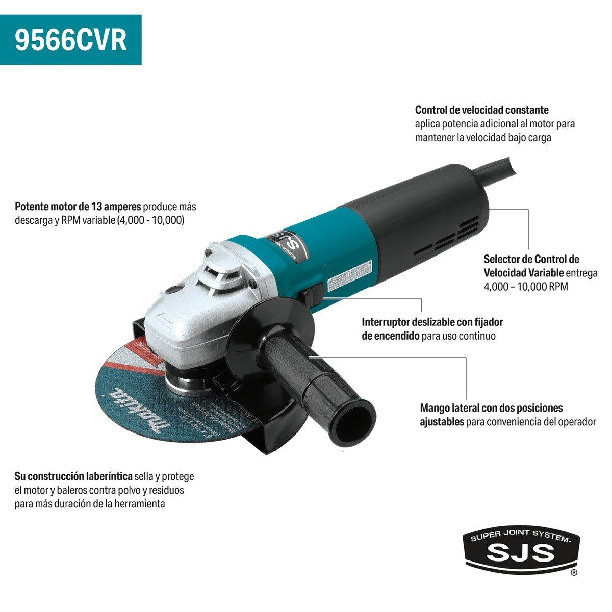 Makita 9566CVR 6 in. SJS High-Power Variable Speed Slide Switch Cut-Off and Angle Grinder - 2