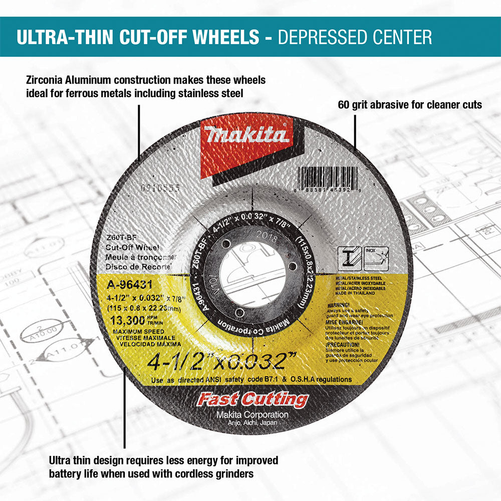 Makita A-96431-25 4-1/2" x .032" x 7/8" Depressed Center Cut-Off Wheel - 6