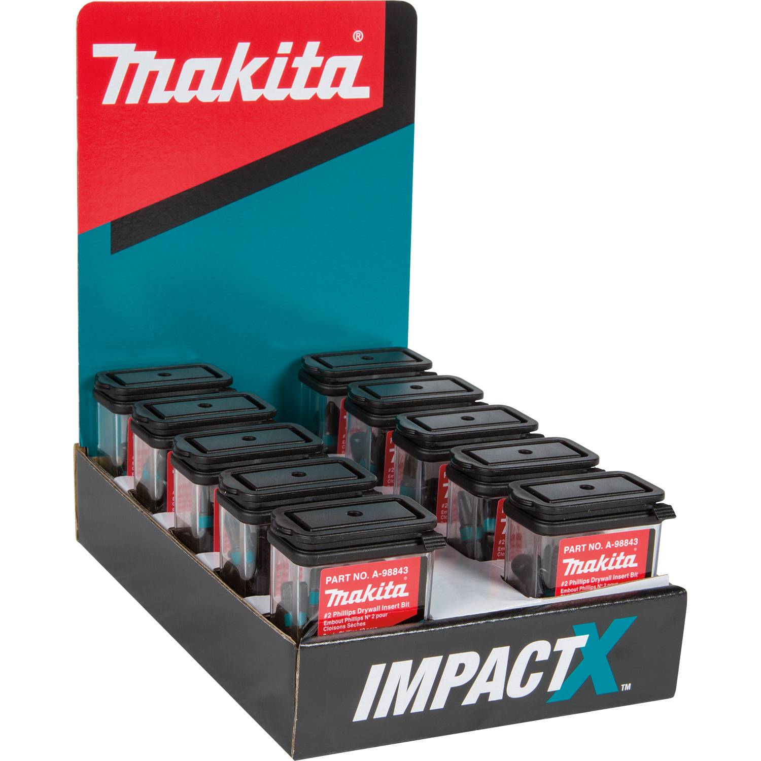 Makita A-98843-10 ImpactX #2 Phillips Drywall 1" Insert Bit, 10x25/pk, Display