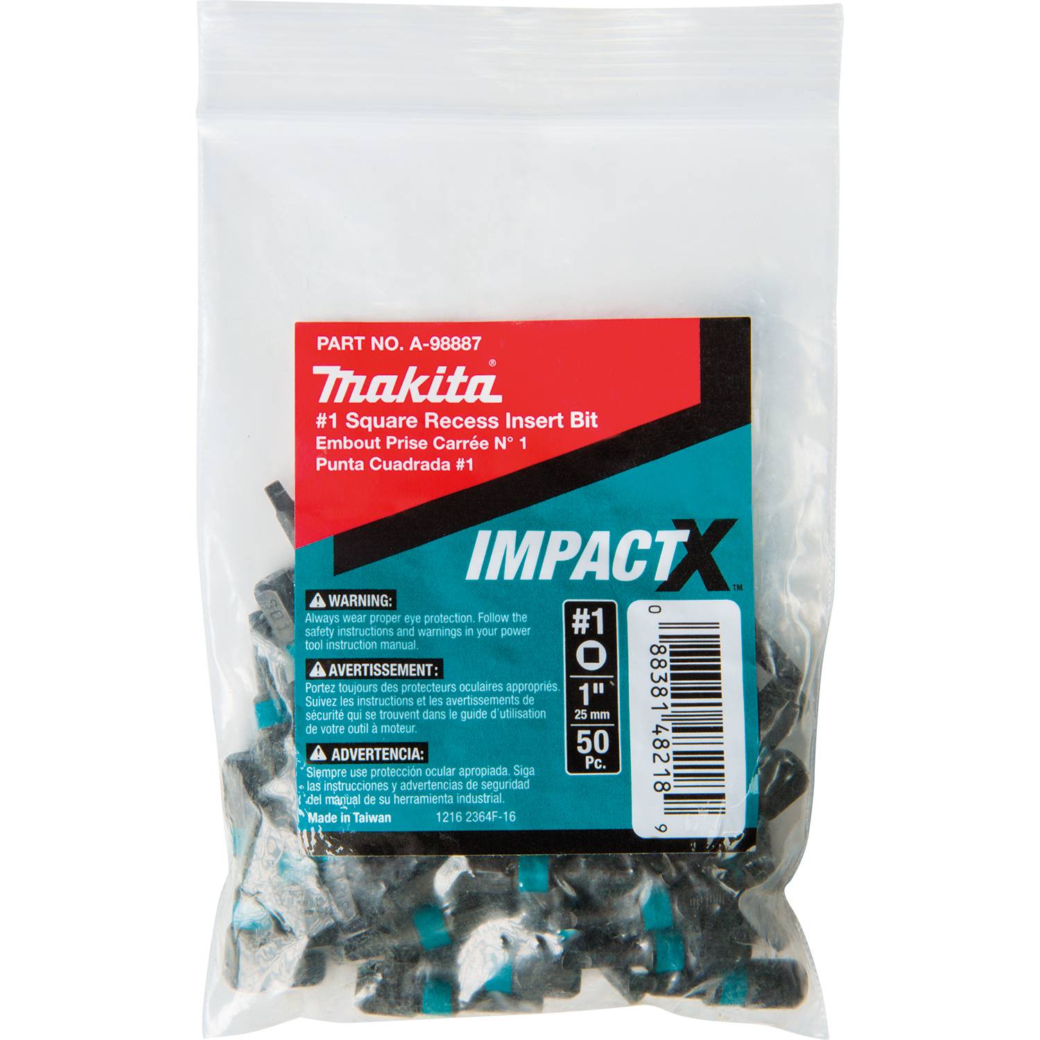 Makita A-98887 ImpactX  #1 Square Recess 1" Insert Bit, 50/pk, Bulk