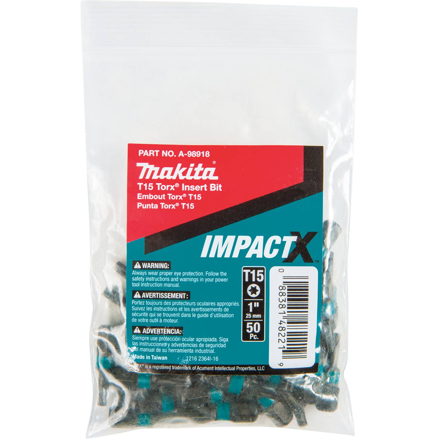 Makita A-98918 ImpactX  T15 Torx  1" Insert Bit, 50/pk, Bulk