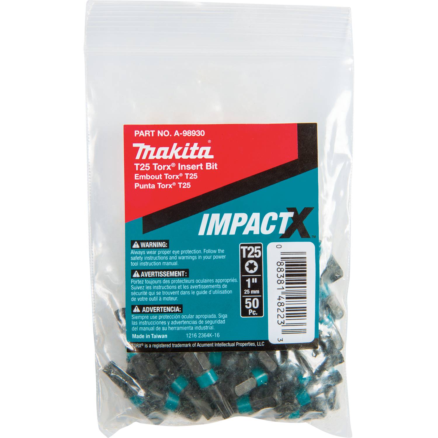 Makita A-98930 ImpactX  T25 Torx  1" Insert Bit, 50/pk, Bulk