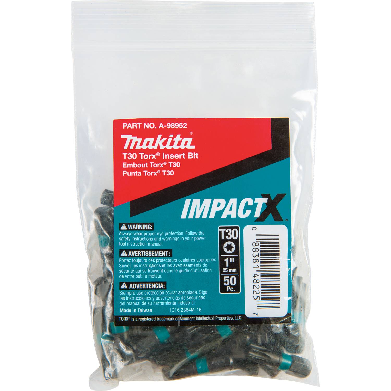 Makita A-98952 ImpactX  T30 Torx  1" Insert Bit, 50/pk, Bulk