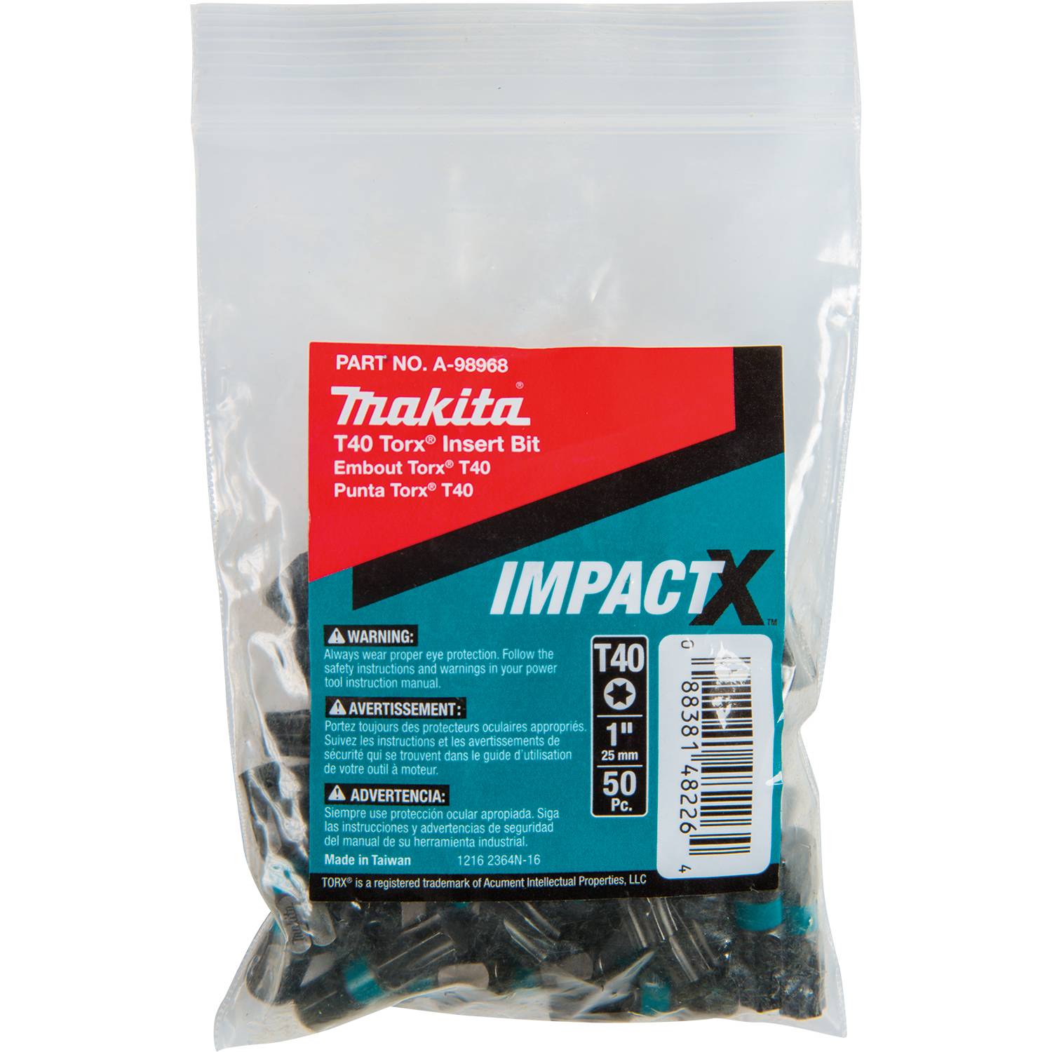 Makita A-98968 ImpactX  T40 Torx  1" Insert Bit, 50/pk, Bulk