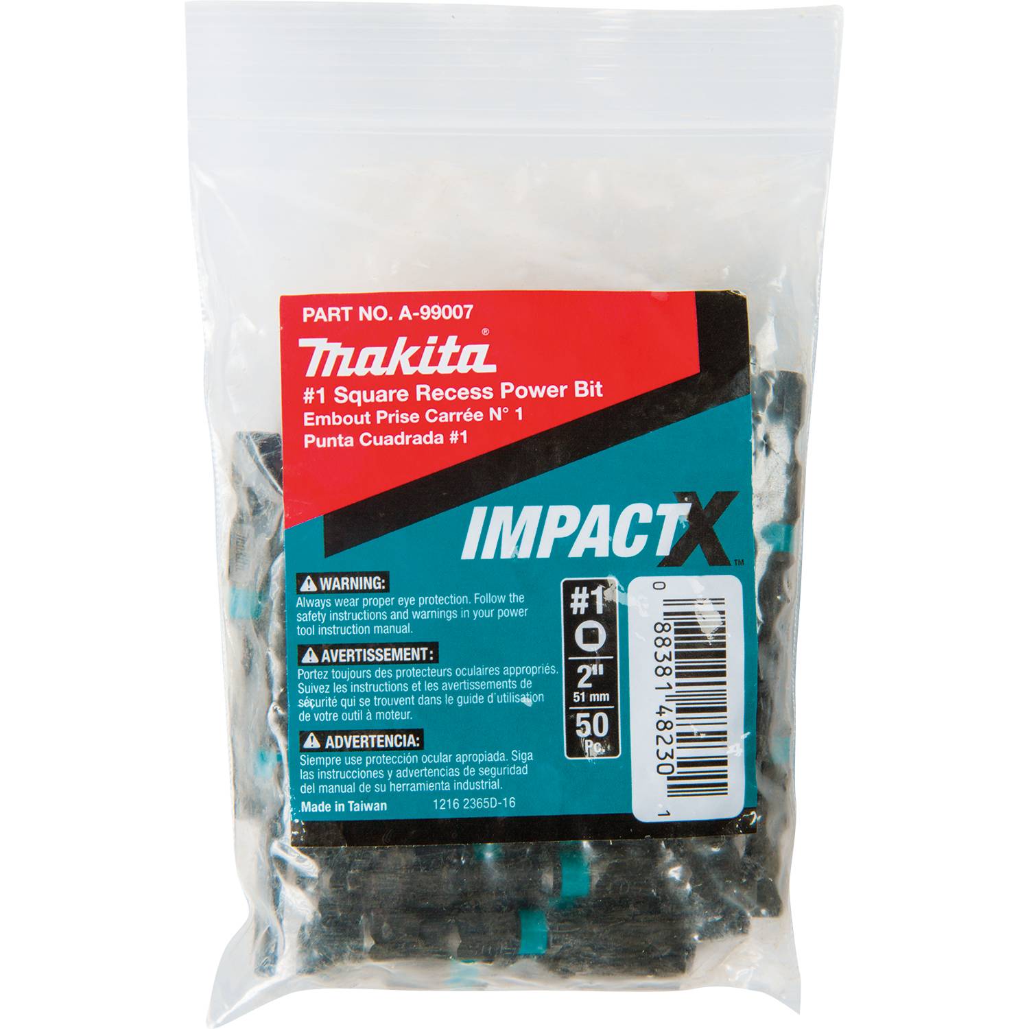 Makita A-99007 ImpactX  #1 Square Recess 2" Power Bit, 50/pk, Bulk