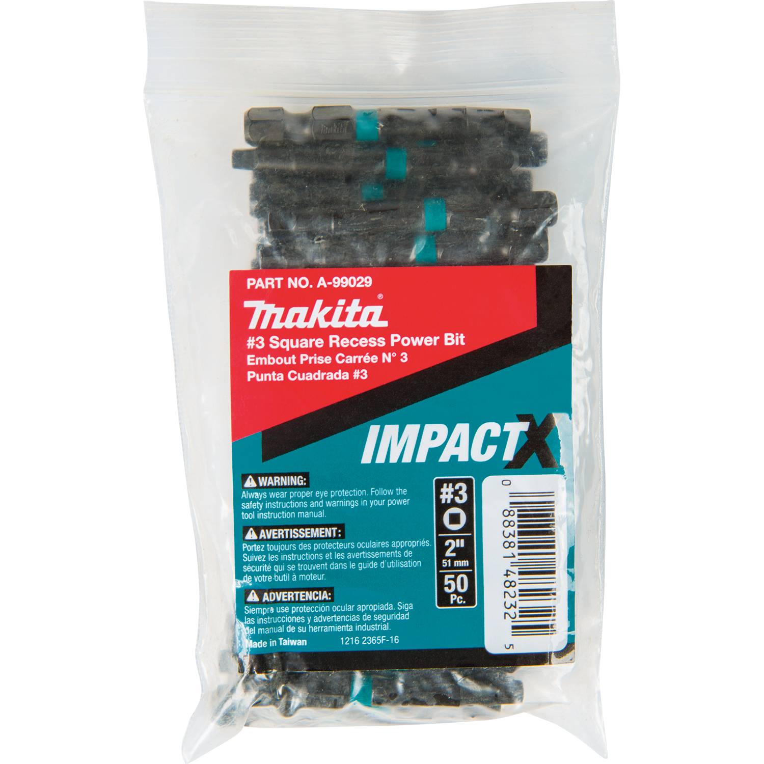 Makita A-99029 ImpactX  #3 Square Recess 2" Power Bit, 50/pk, Bulk