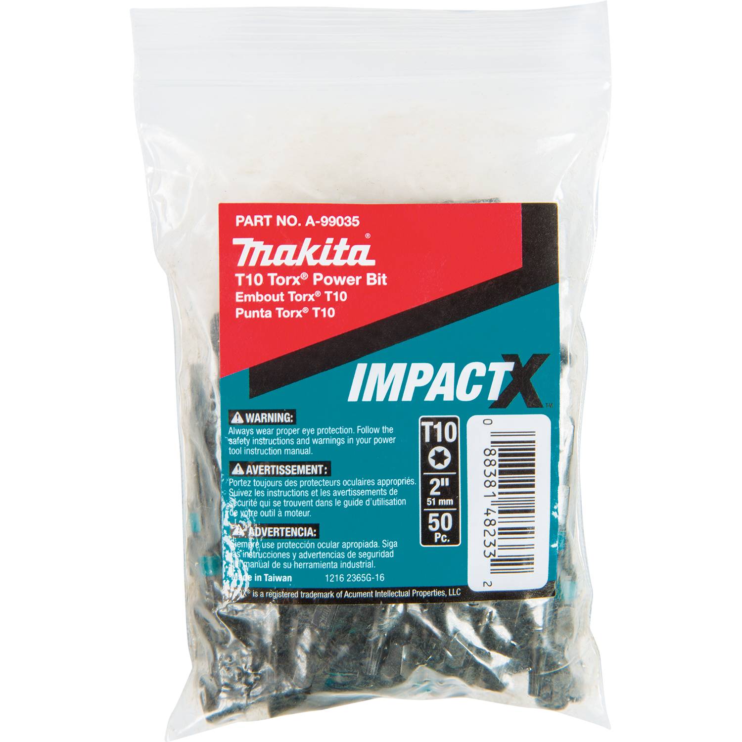 Makita A-99035 ImpactX  T10 Torx  2" Power Bit, 50/pk, Bulk