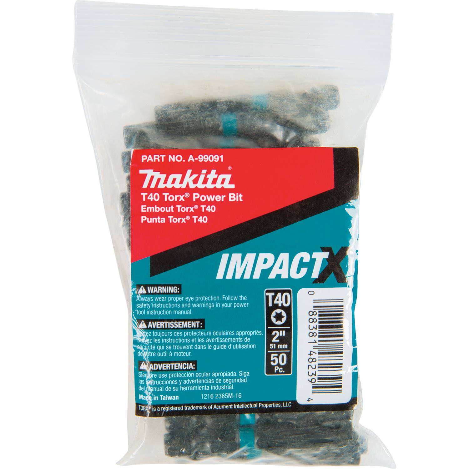 Makita A-99091 ImpactX  T40 Torx  2" Power Bit, 50/pk, Bulk