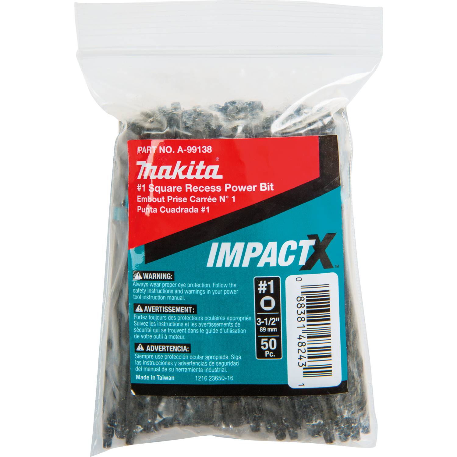 Makita A-99138 ImpactX  #1 Square Recess 3-1/2" Power Bit, 50/pk, Bulk