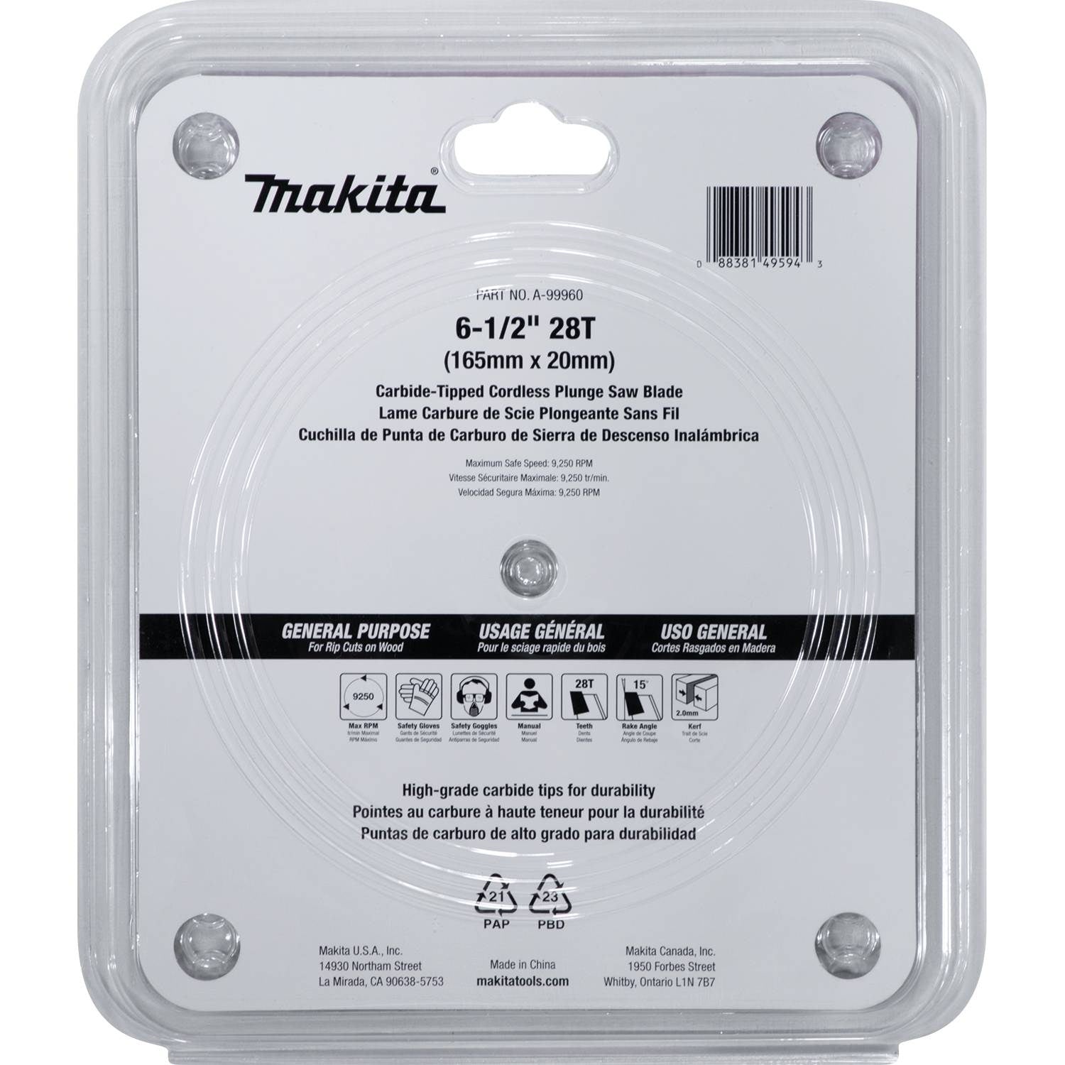 Makita A-99960 6-1/2" 28T Carbide-Tipped Cordless Plunge Saw Blade - 3