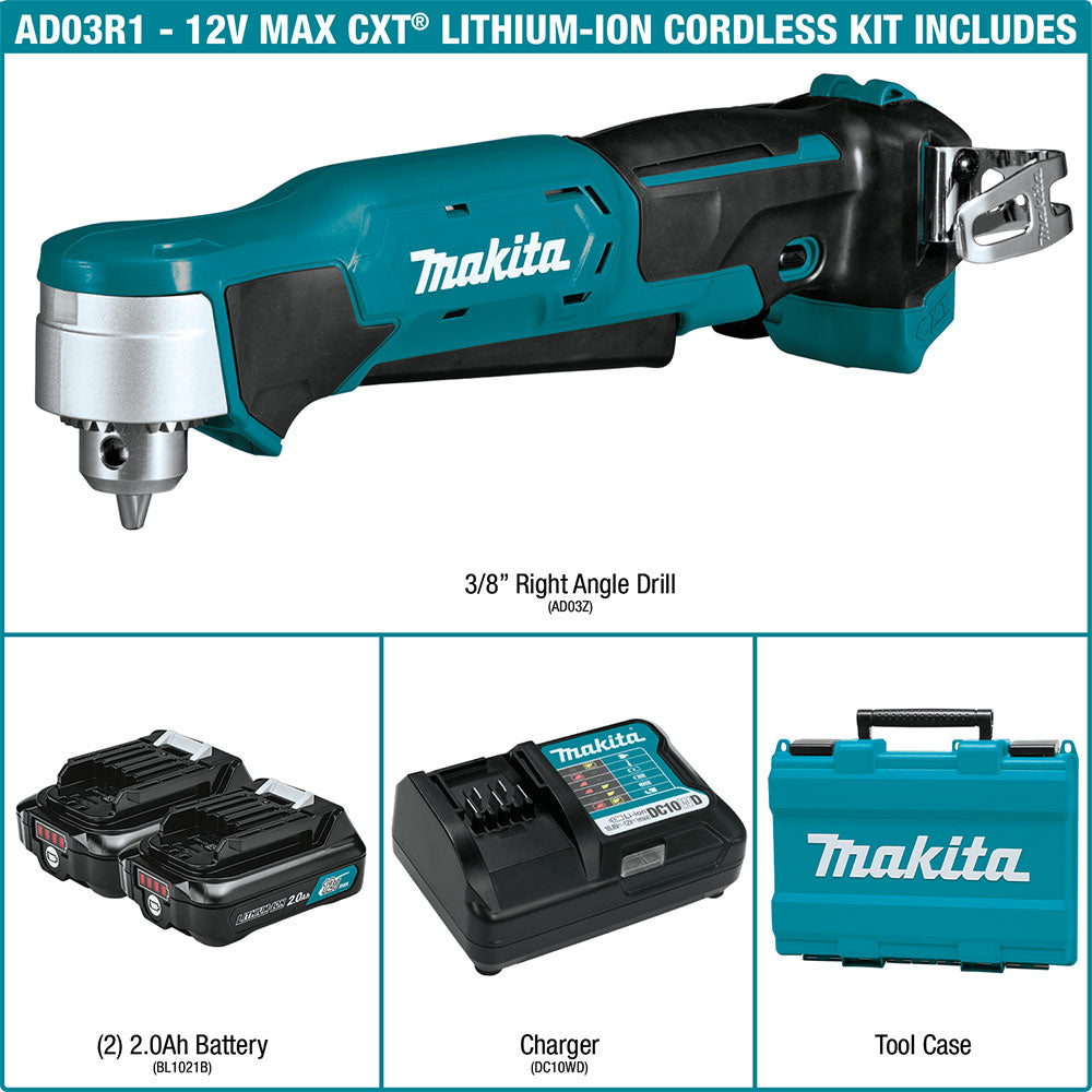 Makita AD03R1 12V max CXT Lithium-Ion Cordless 3/8" Right Angle Drill Kit - 2