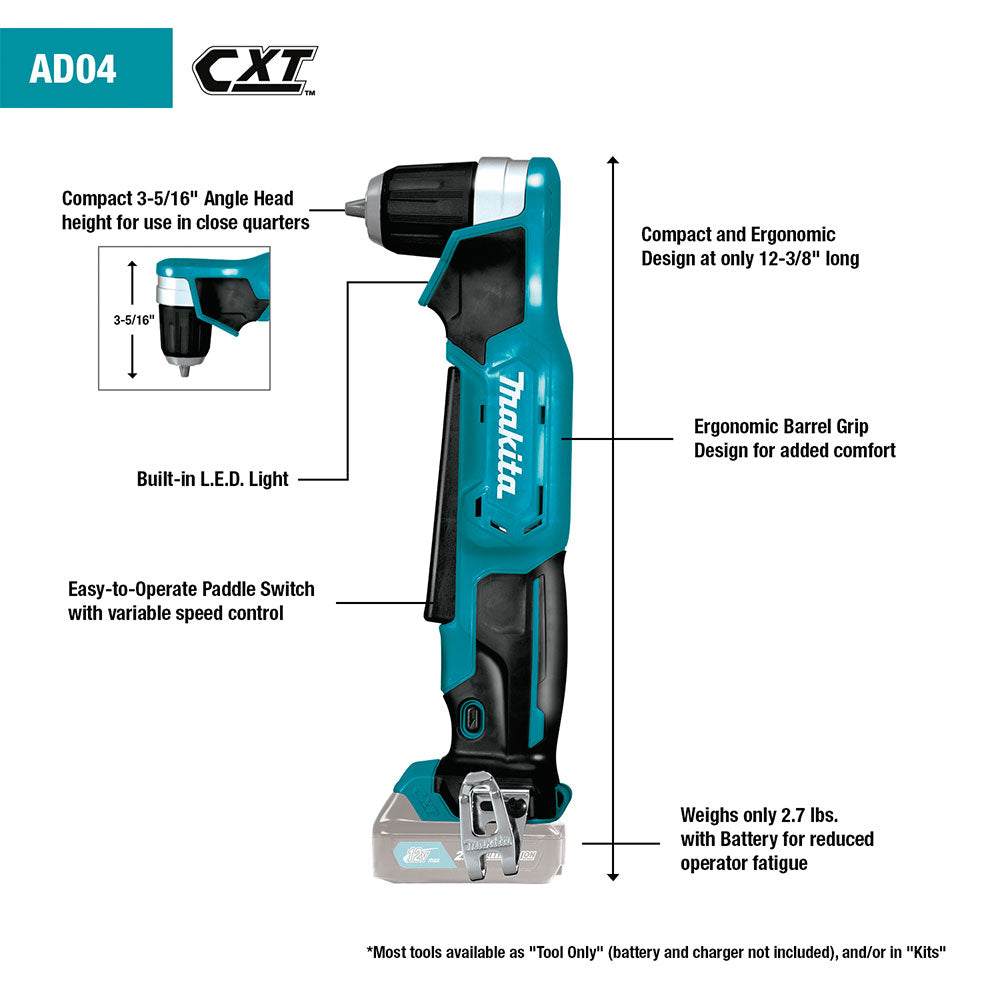 Makita AD04R1 12V max CXT Lithium-Ion Cordless 3/8" Right Angle Drill Kit - 3