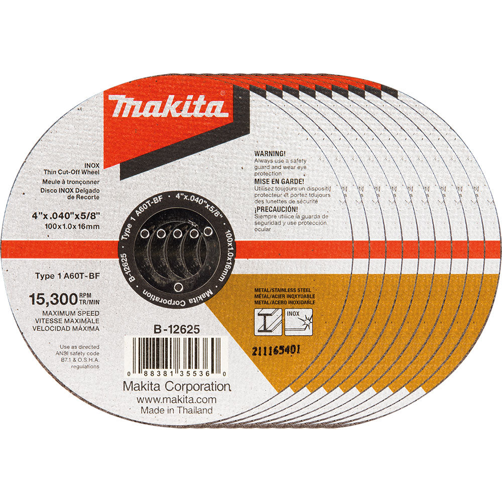 Makita B-12625-10 4" x .040" x 5/8" INOX Thin Cut-Off Wheel, 10/pk