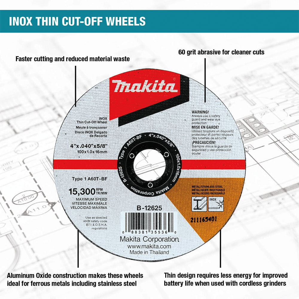 Makita B-12625-10 4" x .040" x 5/8" INOX Thin Cut-Off Wheel, 10/pk - 2