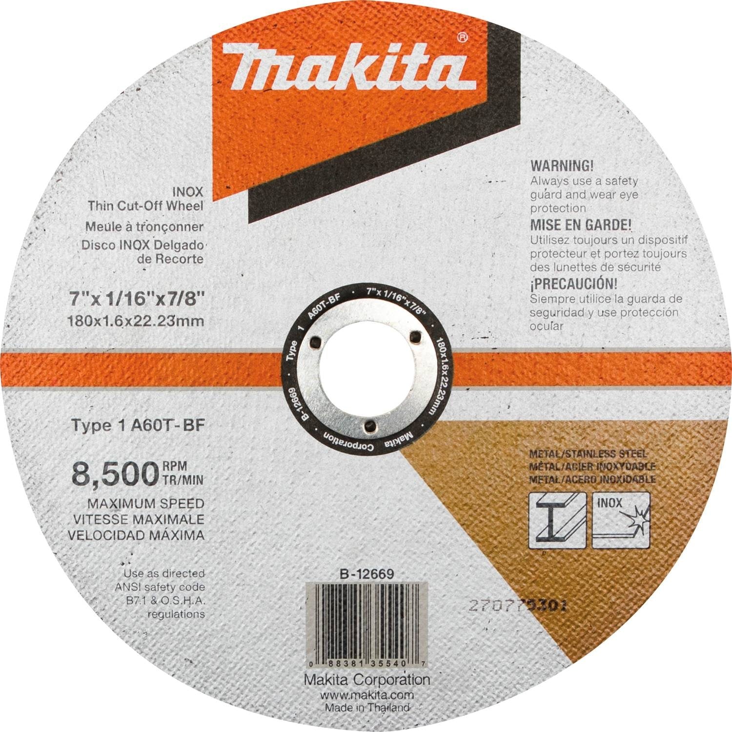 Makita B-12669 7" x 1/16" x 7/8" INOX Thin Cut-Off Wheel, 60 Grit