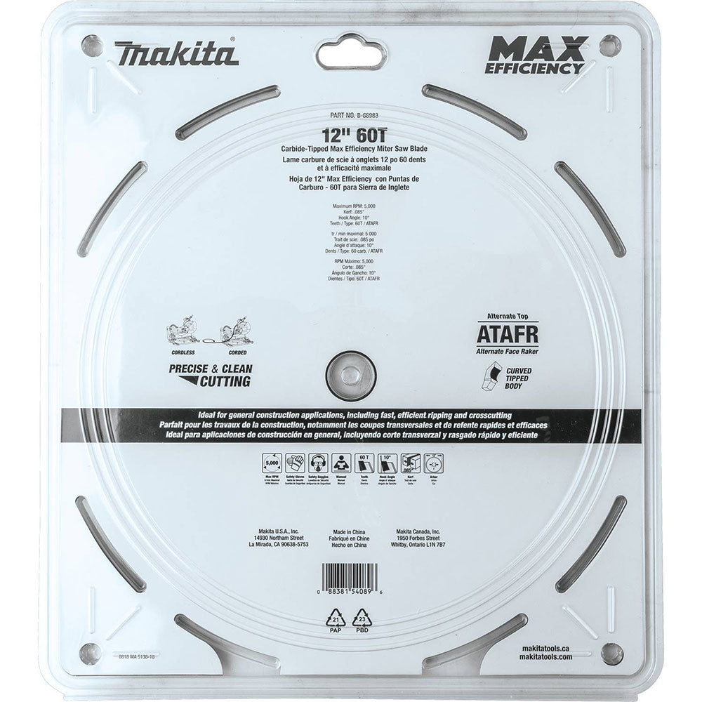 Makita B-66983 12" 60T Carbide-Tipped Max Efficiency Miter Saw Blade - 10