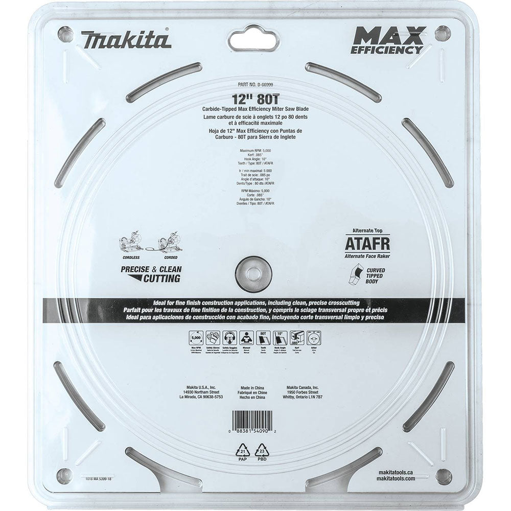 Makita B-66999 12" 80T Carbide-Tipped Max Efficiency Miter Saw Blade - 8