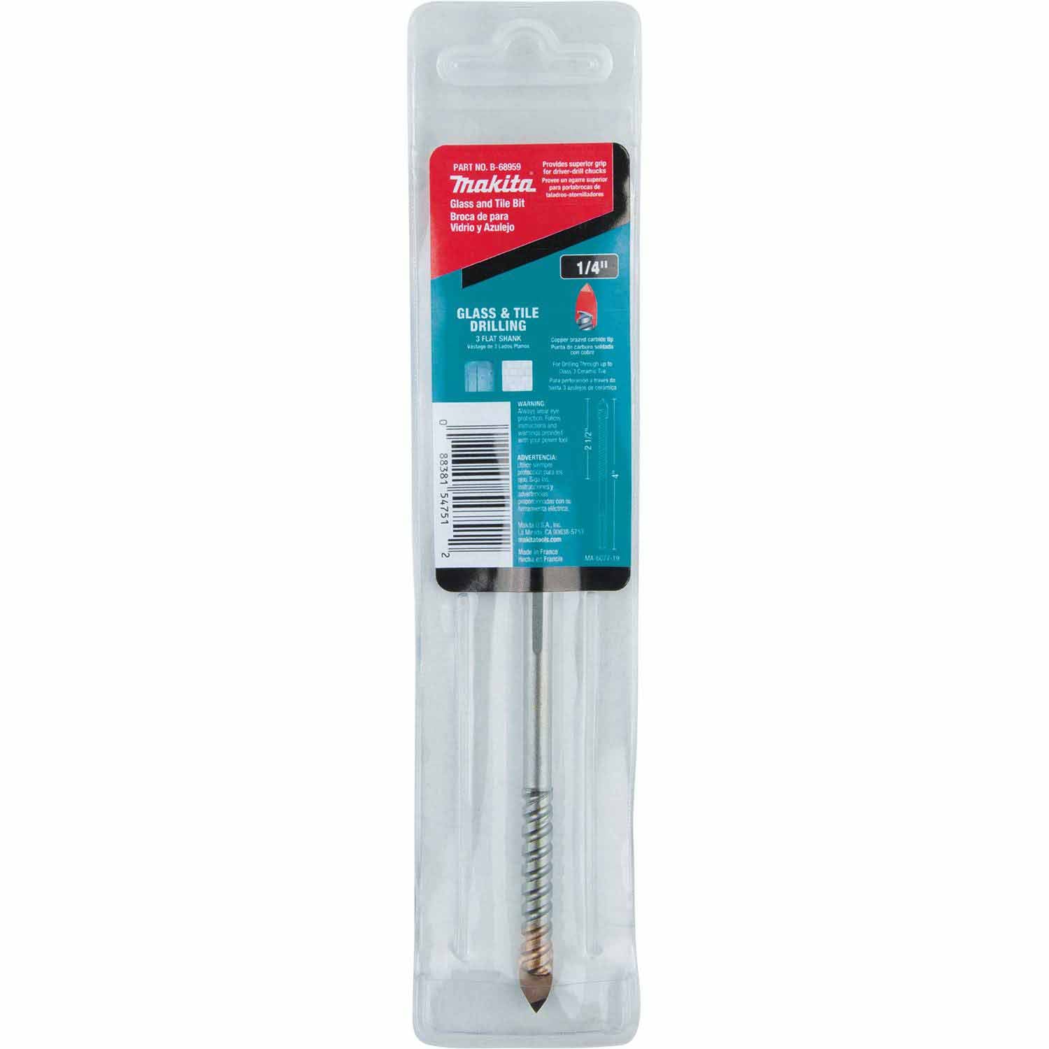 Makita B-68959 1/4" x 4" Glass and Tile Bit, 3 Flat Shank - 3