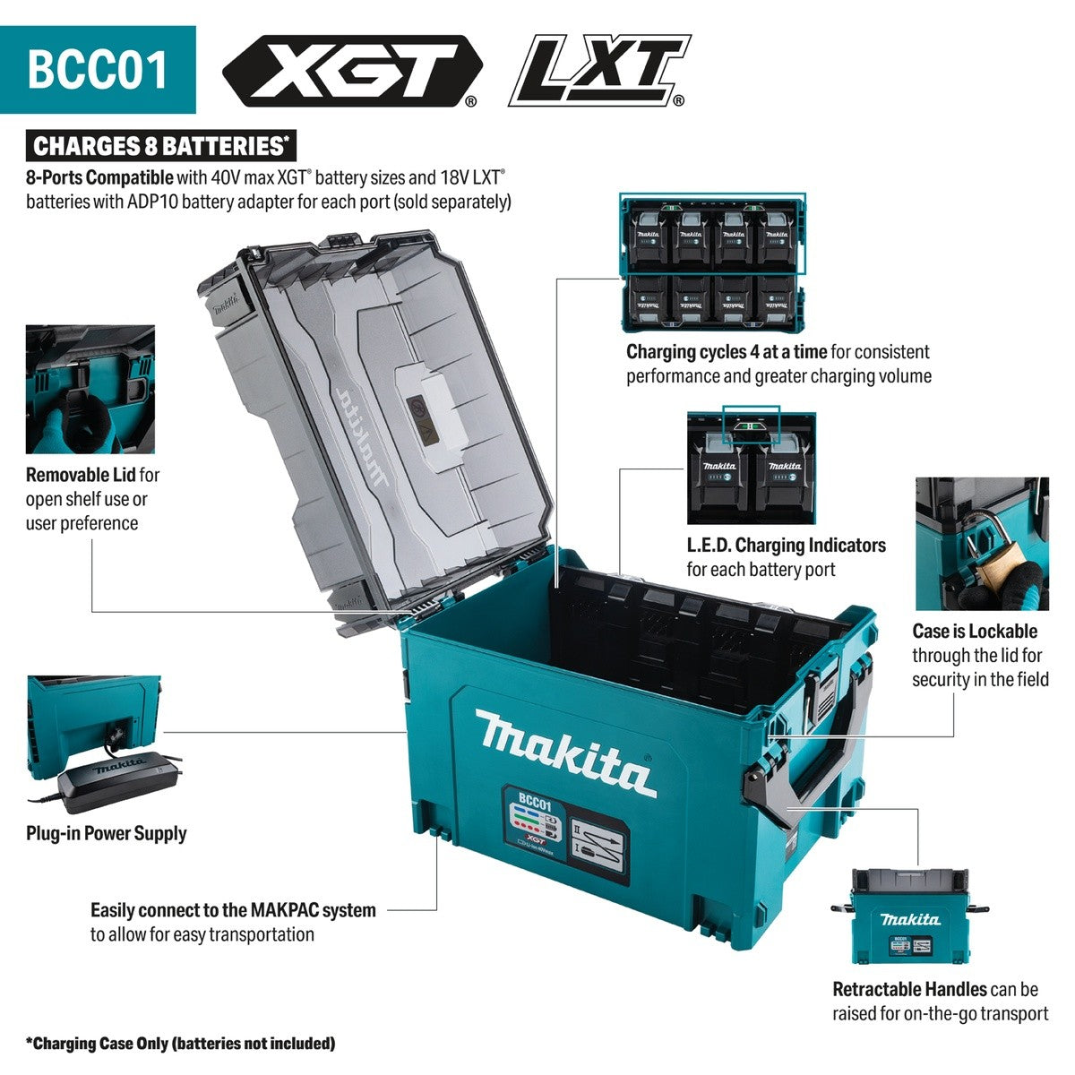 Makita BCC01 40V max XGT and 18V LXT 8-Port Charging Case with AC Adapter Power Supply - 2