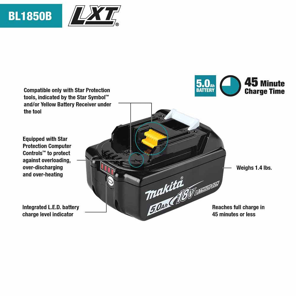 Makita BL1850BDC2 18V LXT Lithium-Ion Battery and Rapid Optimum Charger Starter Pack (5.0Ah) - 2