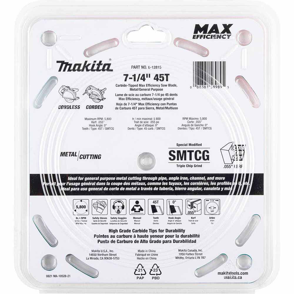 Makita E-12815 7-1/4" 45T Carbide-Tipped Max Efficiency Saw Blade, Metal/General Purpose - 3