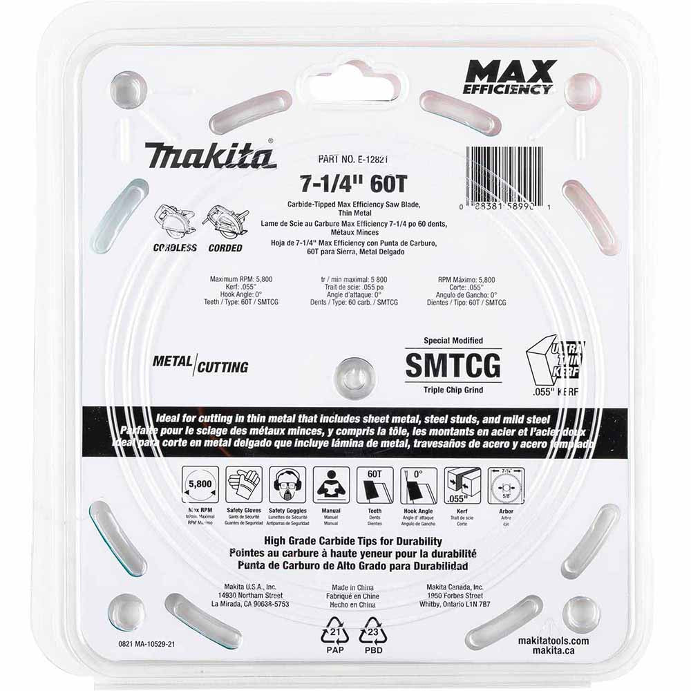 Makita E-12821 7-1/4" 60T Carbide-Tipped Max Efficiency Saw Blade, Metal/Stainless Steel - 3