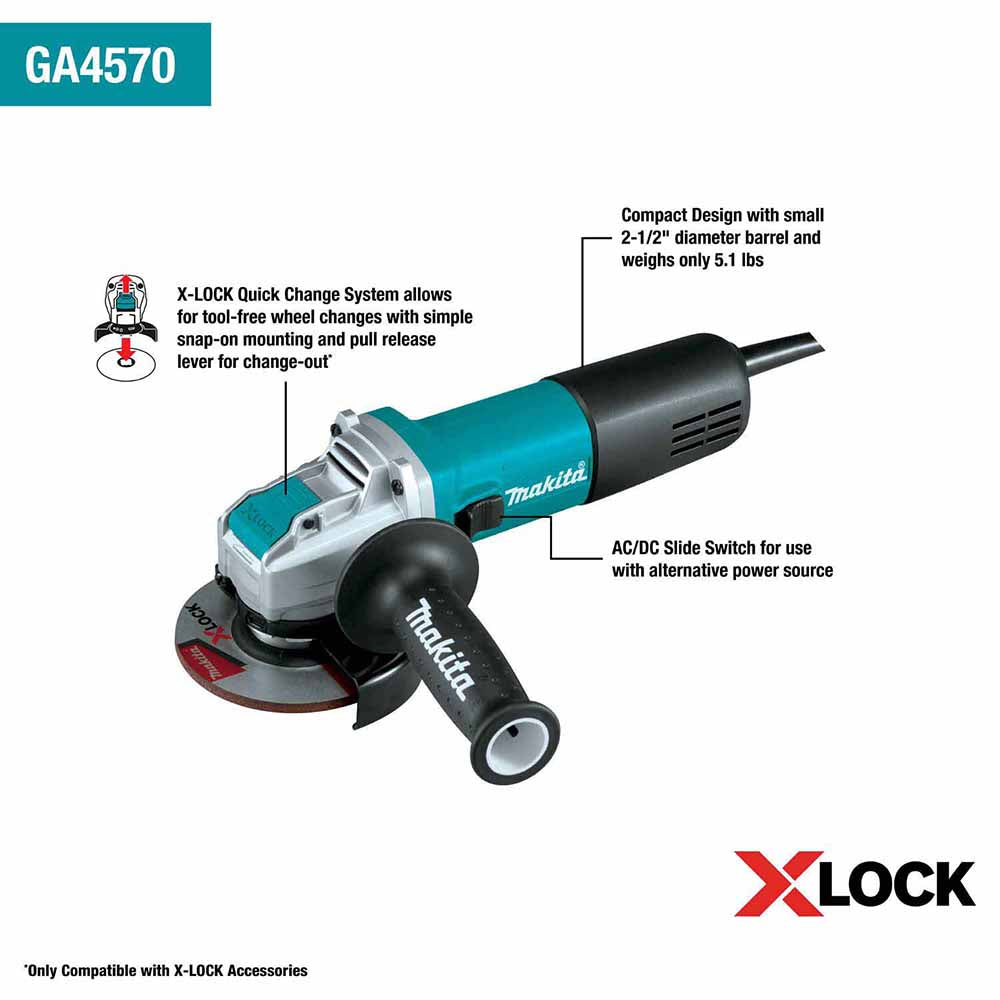 Makita GA4570 4-1/2" X-LOCK Angle Grinder, with AC/DC Switch - 2