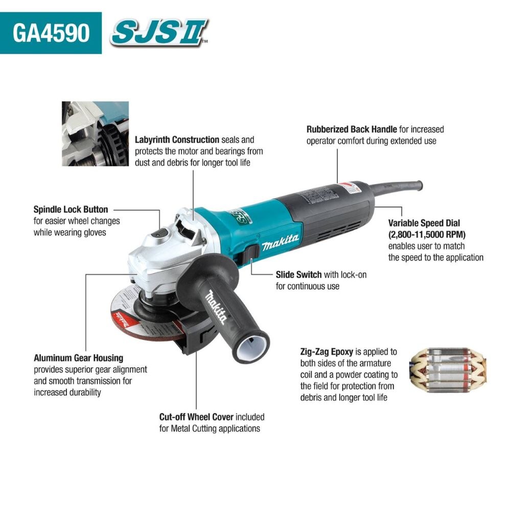 Makita GA4590 4-1/2" SJS II High-Power Angle Grinder - 2