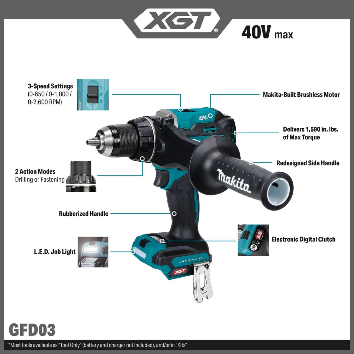 Makita GFD03Z 40V max XGT Brushless Cordless 3-Speed 1/2" Driver-Drill Tool Only - 2